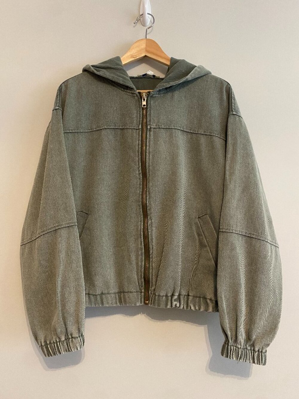 She + Sky Hooded Bomber Jacket, Large, Distressed Green
